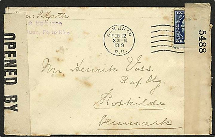 5 cents Washington på brev fra San Juan Porto Rico d. 12.2.1919 til Roskilde, Danmark. Dobbelt censureret med både amerikansk og britisk censur.