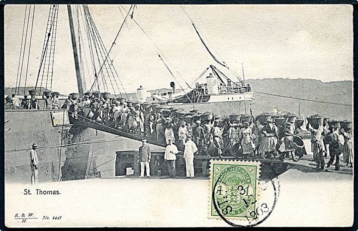 D.V.I., St. Thomas. Kullastning ombord på S/S Valesia. R.&W. H. no. 2447. Frankeret med 1 cent Våben stemplet St. Thomas d. 3.12.1903.
