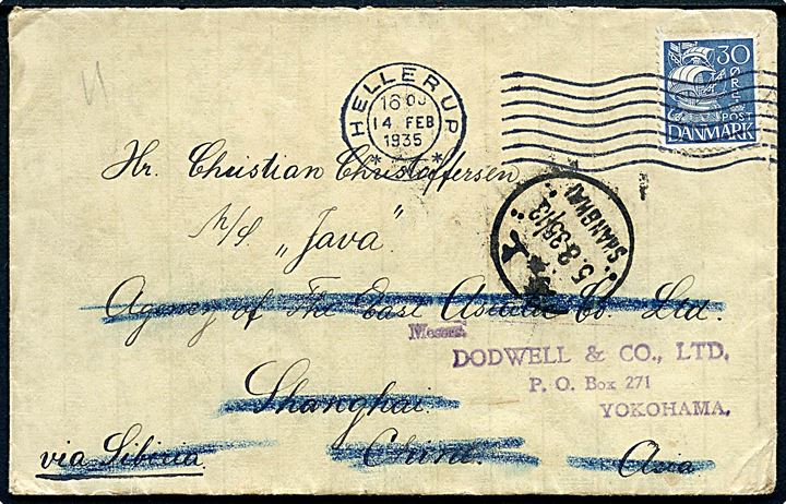 30 øre Karavel single på brev fra Hellerup d. 14.2.1935 til sømand ombord på M/S Java påskrevet via Sibiria til agent i Shanghai, Kina - eftersendt til Yokohama, Japan. 
