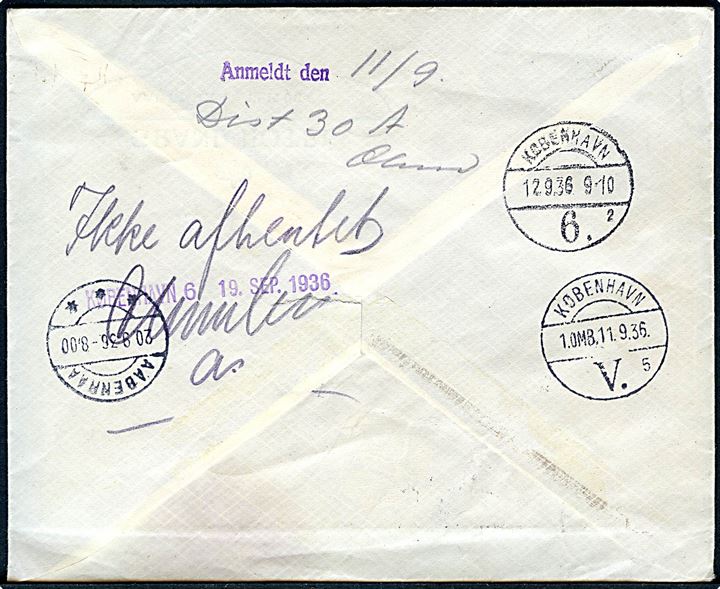 40 øre Karavel single på anbefalet brev fra Aabenraa d. 10.9.1936 til København. Anmeldt og returneret med flere stempler som ikke afhentet.