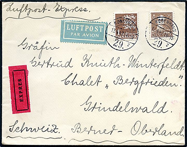 25 øre Chr. X og 1 kr. Rigsvåben på luftpost ekspresbrev fra København d. 17.4.1947 til Grindelwald, Schweiz. 