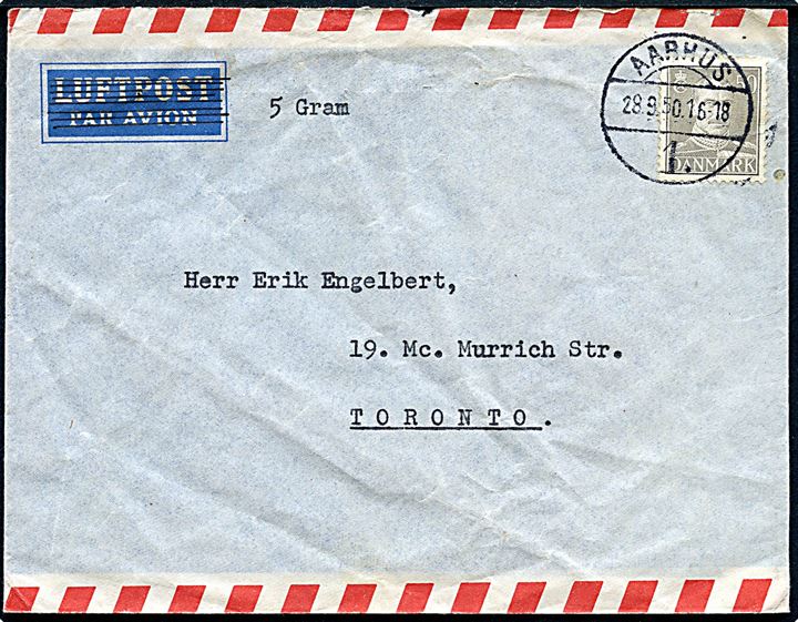 50 øre Chr. X single på 5 Gram-brev fra Aarhus d. 28.9.1950 til Toronto, Canada.