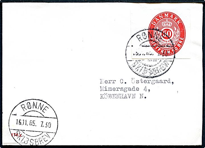 50 øre helsagsafklip som frankering på lille brev annulleret med brotype IId Rønne Skibsbrev d. 16.11.1965 til København.