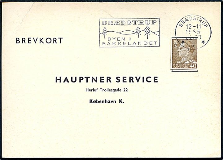 40 øre Fr. IX helsagsafklip som frankering på brevkort stemplet Brædstrup d. 12.11.1965 til København.