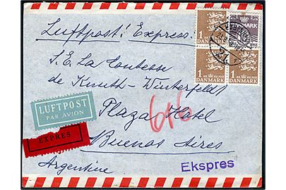 10 øre Bølgelinie og 1 kr. Rigsvåben (3) på ekspres luftpostbrev fra København d. 23.8.1950 til Buenos Aires, Argentina.