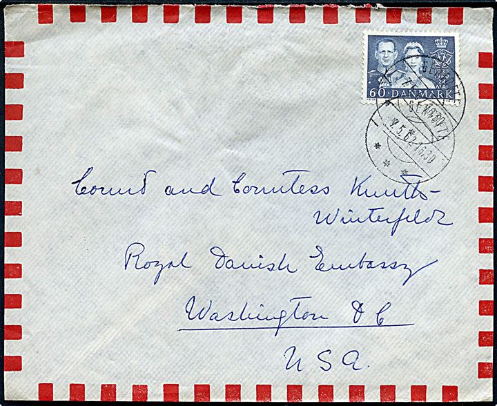 60 øre Fr. IX Sølvbryllup single på luftpostbrev fra Gentofte d. 7.5.1962 til den danske ambassade i Washington D.C., USA.