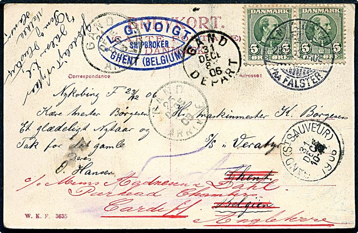 5 øre Chr. IX i parstykke på brevkort (Nykøbing F., Raadhusstræde) annulleret Nykjøbing paa Falster d. 23.12.1906 til maskinmester ombord på S/S Veratyr i Gent, Belgien - eftersendt til Cardiff, England.