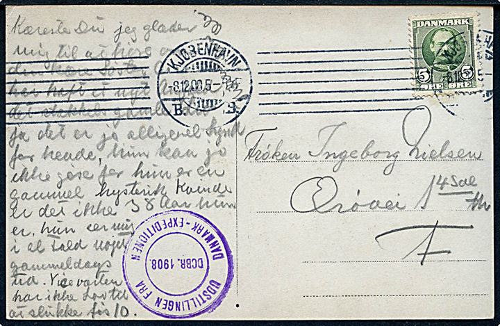 5 øre Fr. IX på brevkort (Polarulv) sendt lokalt i Kjøbenhavn d. 8.12.1908. Violet stempel: Udstillingen fra Danmark-Expeditionen / Dcbr. 1908. 
