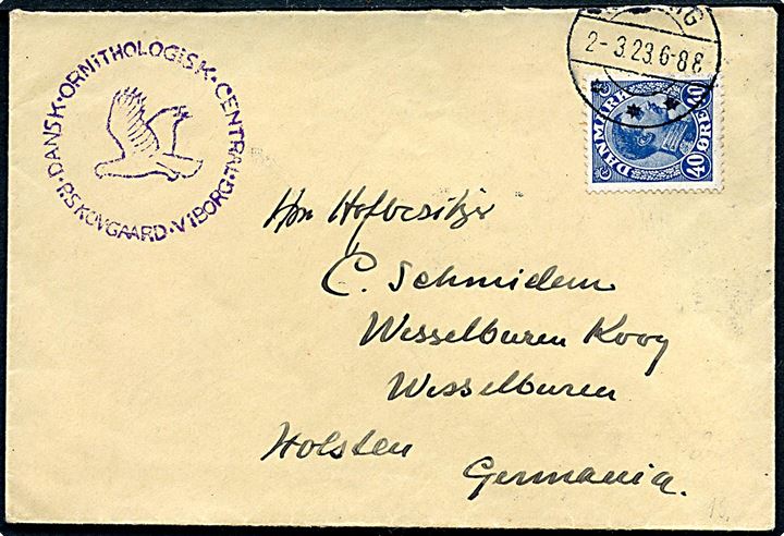 40 øre Chr. X single på brev fra Viborg d. 2.3.1922 til Wesselburen Koog, Tyskland.
