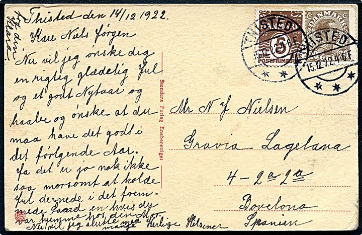 5 øre Bølgelinie og 20 øre Chr. X på brevkort fra Thisted d. 15.12.1922 til Barcelona, Spanien.