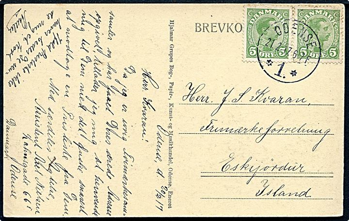 5 øre Chr. X i parstykke på brevkort fra Odense d. 21.2.1917 til Eskifjördur, Island. Uden tegn på censur.