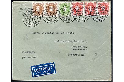 5 øre, 10 øre (2) og 15 øre (3) Chr. X 60 år på 70 øre frankeret luftpostbrev annulleret København Luftpost sn2 d. 16.5.1931 via Berlin til Salzburg, Østrig.