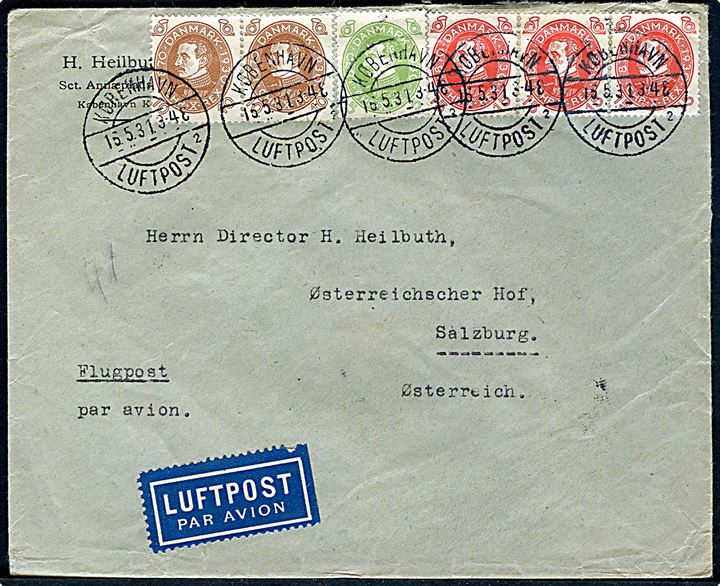 5 øre, 10 øre (2) og 15 øre (3) Chr. X 60 år på 70 øre frankeret luftpostbrev annulleret København Luftpost sn2 d. 16.5.1931 via Berlin til Salzburg, Østrig.