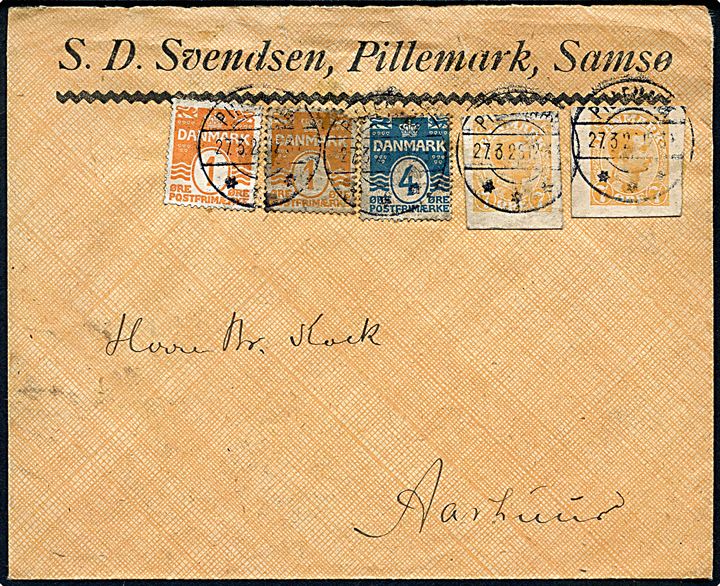 1 øre (2), 4 øre, samt 7 øre Chr. X helsagsafklip (2) som frankering på brev stemplet Pillemark d. 27.3.1925 til Aarhus. Bagklap mgl. 
