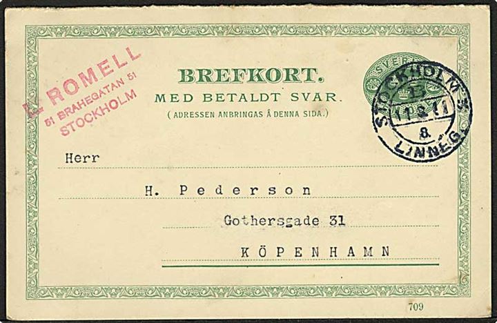 5 öre spørgedel af dobbelt helsagsbrevkort fra Stockholm d. 11.2.1911 til København, Danmark.