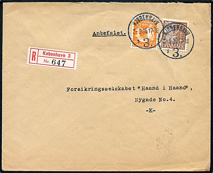 10 øre H. C. Andersen og 25 øre Karavel på anbefalet lokalbrev i København d. 2.9.1936.