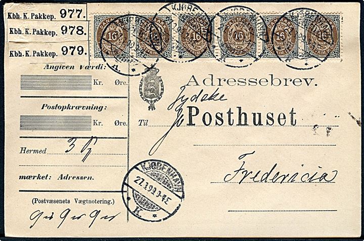 16 øre Tofarvet omv. rm. i vandret 6-stribe på adressebrev for 3 pakker fra Kjøbenhavn d. 27.3.1899 til Fredericia.