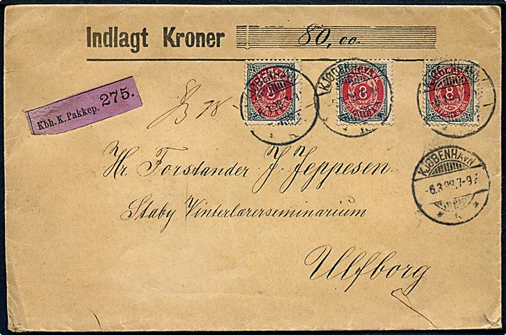 8 øre Tofarvet ret rm. (1) og omv. rm. (2) på værdibrev fra Kjøbenhavn d. 6.3.1898 til Staby Vinterlærerseminarium i Ulfborg. På bagsiden laksegl fra Nationalmuseet.