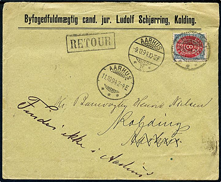 8 øre Tofarvet omv. rm. på brev fra Kolding d. 8.10.1894 til Aarhus. Retur som ubekendt.