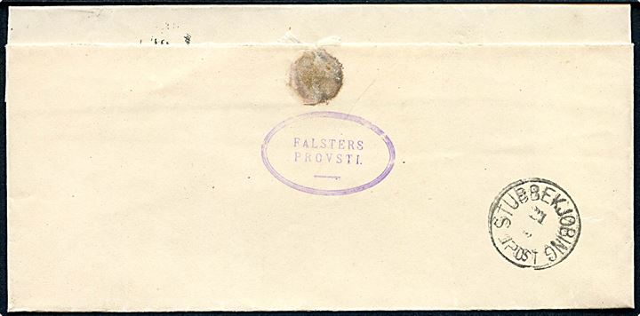 8 øre Tofarvet på brev fra Falsters Provsti annulleret med lapidar Nykjøbing p.F. d. 20.5. ca. 1890 til Sogneraadet på Bogø pr. Stubbekjøbing.