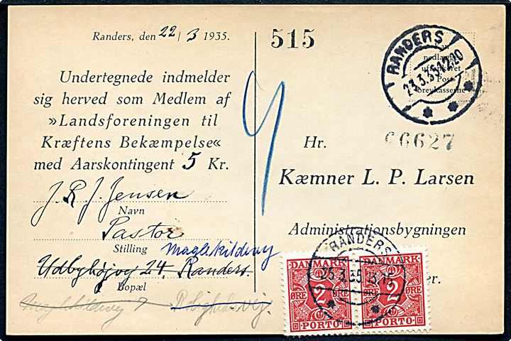 Ufrankeret lokalt svarbrevkort i Randers d. 23.3.1935. Udtakseret i porto med 2 øre Portomærke i parstykke stemplet Randers d. 25.3.1935.