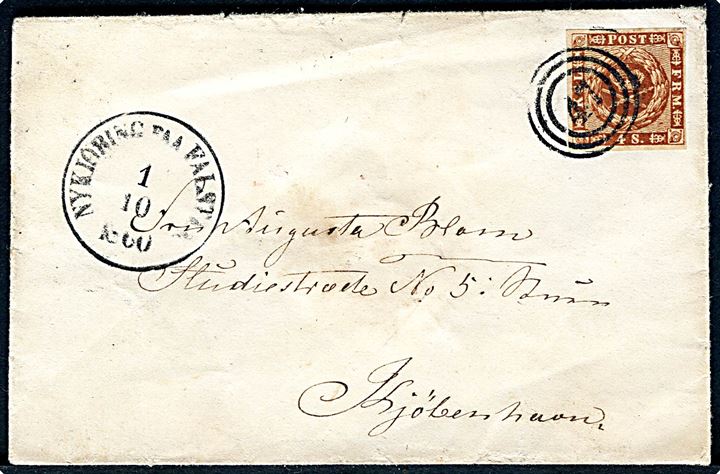 4 sk. 1858 udg. 2. tryk på brev annulleret med nr.stempel 47 og sidestemplet antiqua Nykiöbing paa Falster d. 1.10.1860 til Kjøbenhavn.