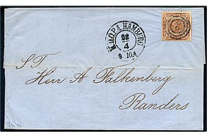 4 sk. 1854 udg. 2. tryk på brev annulleret med nr.stempel 2 og sidestemplet antiqua K.D.O.P.A. Hamburg d. 22.4.1855 til Randers.