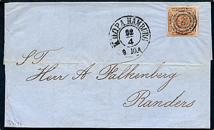 4 sk. 1854 udg. 2. tryk på brev annulleret med nr.stempel 2 og sidestemplet antiqua K.D.O.P.A. Hamburg d. 22.4.1855 til Randers.