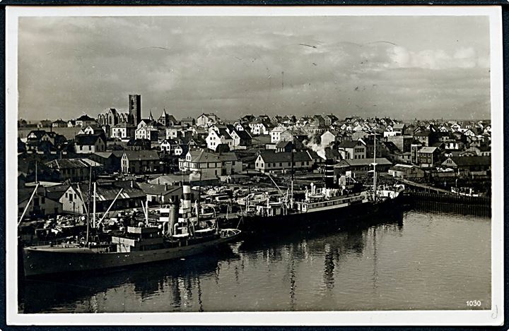 20 aur Geysir på brevkort (Dampskibe i Reykjavik) fra Reykjavik d. 28.7.1938 annulleret med norsk skibsstempel Bergen Paquebot d. 1.8.1938 til Oldenburg, Tyskland.