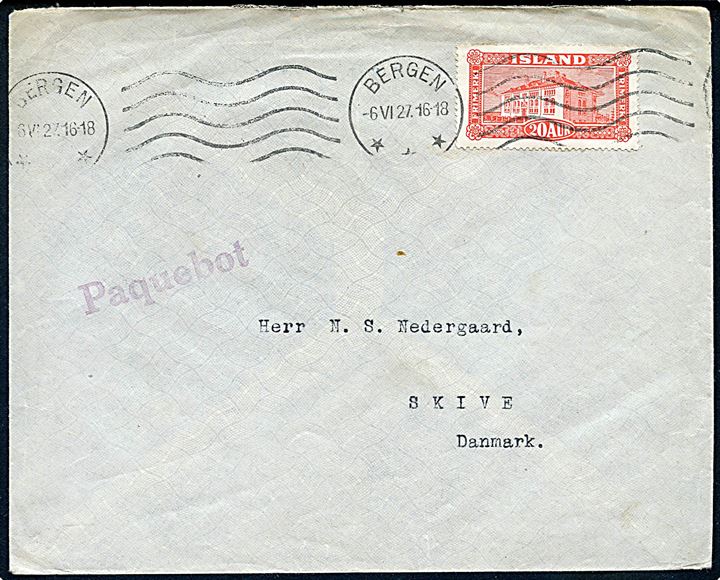 20 aur Nationalmuseum single på skibsbrev annulleret med norsk stempel i Bergen d. 6.6.1927 og sidestemplet Paquebot til Skive, Danmark.