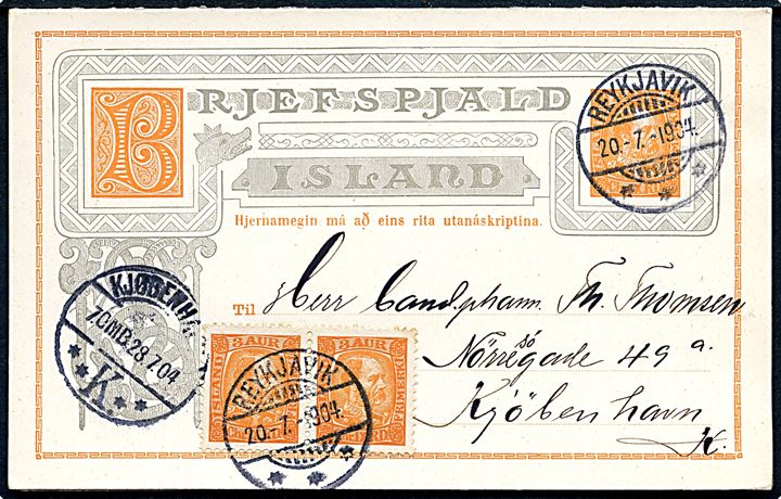 3 aur Chr. IX dobbelt helsagsbrevkort opfrankeret med 3 aur Chr. IX i parstykke fra Reykjavik d. 20.7.1904 til Kjøbenhavn, Danmark. Vedhængende ubenyttet svardel. Uden meddelelse.