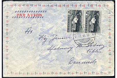 2,45 kr. Kraftværk i parstykke på luftpostbrev fra Reykjavik d. 5.6.1958 til Søborg, Danmark.