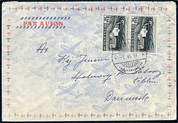 2,45 kr. Kraftværk i parstykke på luftpostbrev fra Reykjavik d. 5.6.1958 til Søborg, Danmark.