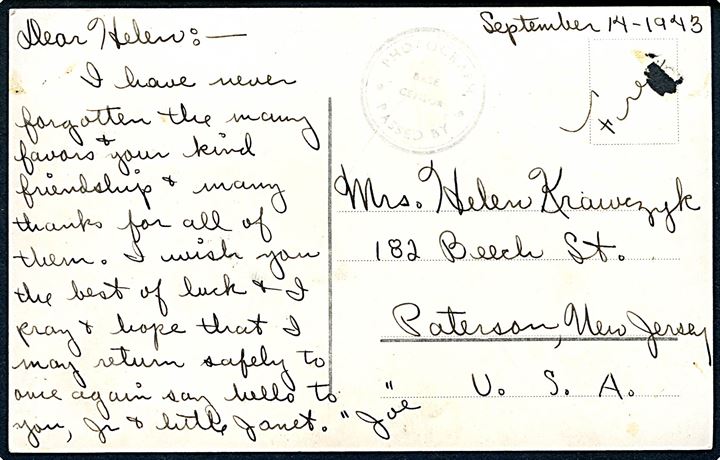Ufrankeret brevkort (Udsigt over Reykjavik) dateret d. 14.9.1943 til New Jersey, USA. Censureret med stempel: Photograph * Passed by * / Base Censor.