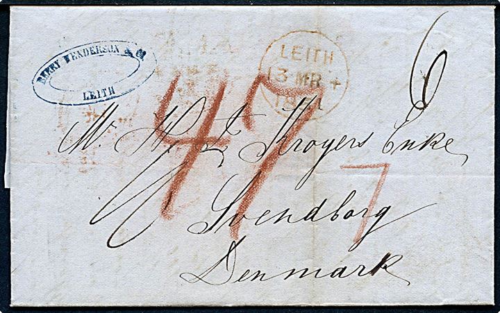 1851. Ufrankeret portobrev fra Leith d. 13.3.1851 til Svendborg, Danmark. Flere portopåtegninger. Fuldt indhold.
