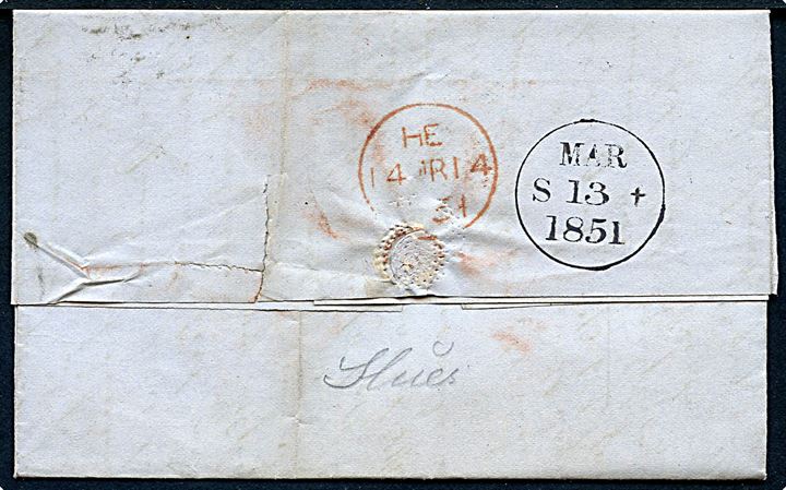 1851. Ufrankeret portobrev fra Leith d. 13.3.1851 til Svendborg, Danmark. Flere portopåtegninger. Fuldt indhold.