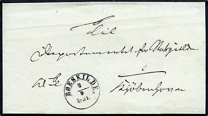 1851. Ufrankeret tjenestebrev mærket K.T. med 1½ ringsstempel Roeskilde. d. 2.9.1851 til Kjøbenhavn.