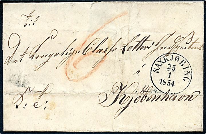 1854. Ufrankeret tjenestebrev mærket K.T. med antiqua Saxkjøbing d. 25.1.1854 til Det kongelige Classe Lotteri i Kjøbenhavn. Påskrevet 6 skilling porto.