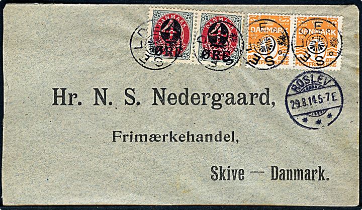 1 øre Bølgelinie (par) og 4/8 øre Provisorium (par) VM Krone, (AFA 40B, 2500,- på brev) annulleret med stjernestempel SELDE og sidestemplet Roslev d. 29.8.1914 til Skive. 