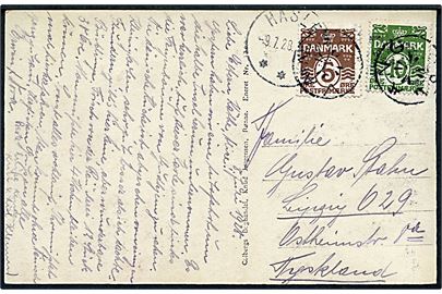 5 øre og 10 øre Bølgelinie på brevkort (Figentræet i Gudhjem) annulleret med stjernestempel VANG og sidestemplet Hasle d. 9.7.1928 til Leipzig, Tyskland.