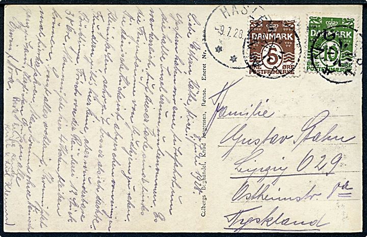 5 øre og 10 øre Bølgelinie på brevkort (Figentræet i Gudhjem) annulleret med stjernestempel VANG og sidestemplet Hasle d. 9.7.1928 til Leipzig, Tyskland.