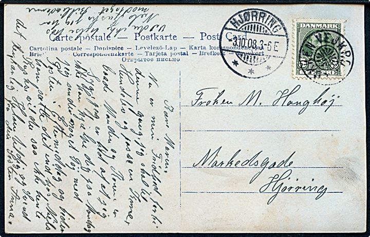 5 øre Fr. VIII på brevkort annulleret med stjernestempel LØKKEN VEJKRO og sidestemplet Hjørring d. 3.10.1908 til Hjørring.