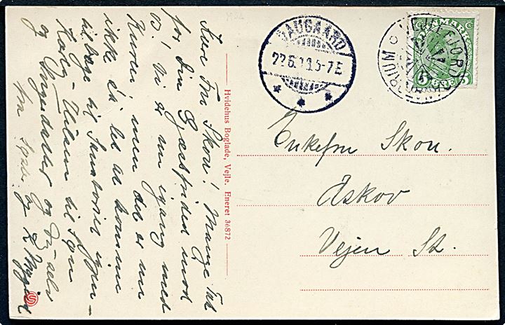 5 øre Chr. X på brevkort annulleret med stjernestempel VEJLEFJORD SANATORIUM og sidestemplet Daugaard d. 22.6.1918 til Askov pr. Vejen.