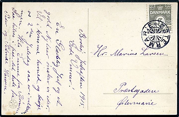 3 øre Bølgelinie på lokalt julekort 1915 annulleret med stjernestempel ØSTERMARIE. Stemplet kun anvendt i ca. 7 måneder (1.12.1915-30.5.1916).