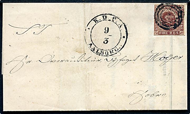 4 R.B.S. Thiele I på brev - kvittering fra Aalborg Adressecomptoir annulleret med svagt nr.stempel 4 og sidestemplet antiqua K.D.P.A. Aalborg d. 9.3.1853 til Hobro.