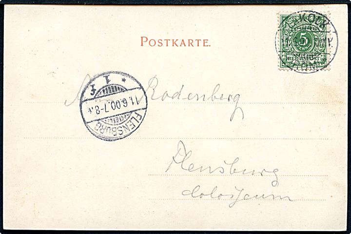 5 pfg. Ciffer på brevkort (Gruss aus Nordseebad Lakolk - Familien-Blockhäuser) annulleret Lakolk *(Röm)* d. 11.6.1900 til Flensburg. Meget tidlig afstempling fra postekspedition kun oprettet i badesæsonen 1900-1913.