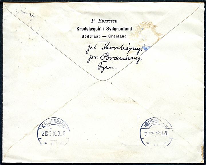 10 øre Bølgelinie på fortrykt kuvert P. Børresen / Kredslæge i Sydgrønland / Godthaab - Grønland anvendt under ferie i Danmark og stemplet Brenderup d. 15.9.1926 til København. Et mærke fjernet.