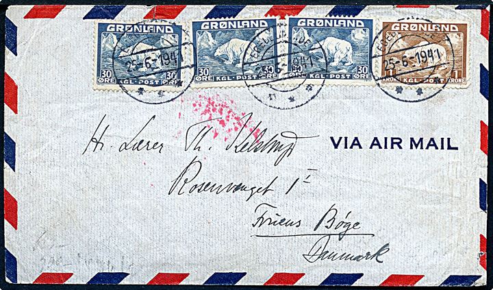 30 øre (3) og 1 kr. (hj. skade) Isbjørn op 190 øre frankeret luftpostbrev fra Egedesminde d. 25.6.1941 til Fruens Bøge, Danmark. Åbnet af tysk censur.