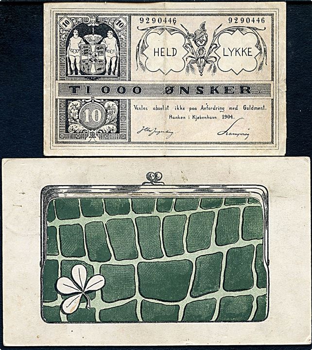 Pengepung med Ti000 Ønsker. Brevpostkort. Sk.B. & Kf. u/no. Frankeret med 5 øre Chr. IX og sendt som lokalbrev i Kjøge 1906.