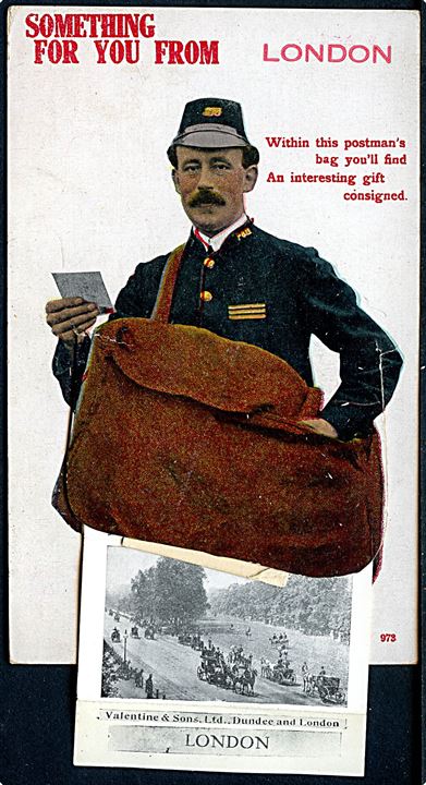 Engelsk postbud med taske og prospekter fra London. Valentine & Sons no. 973.